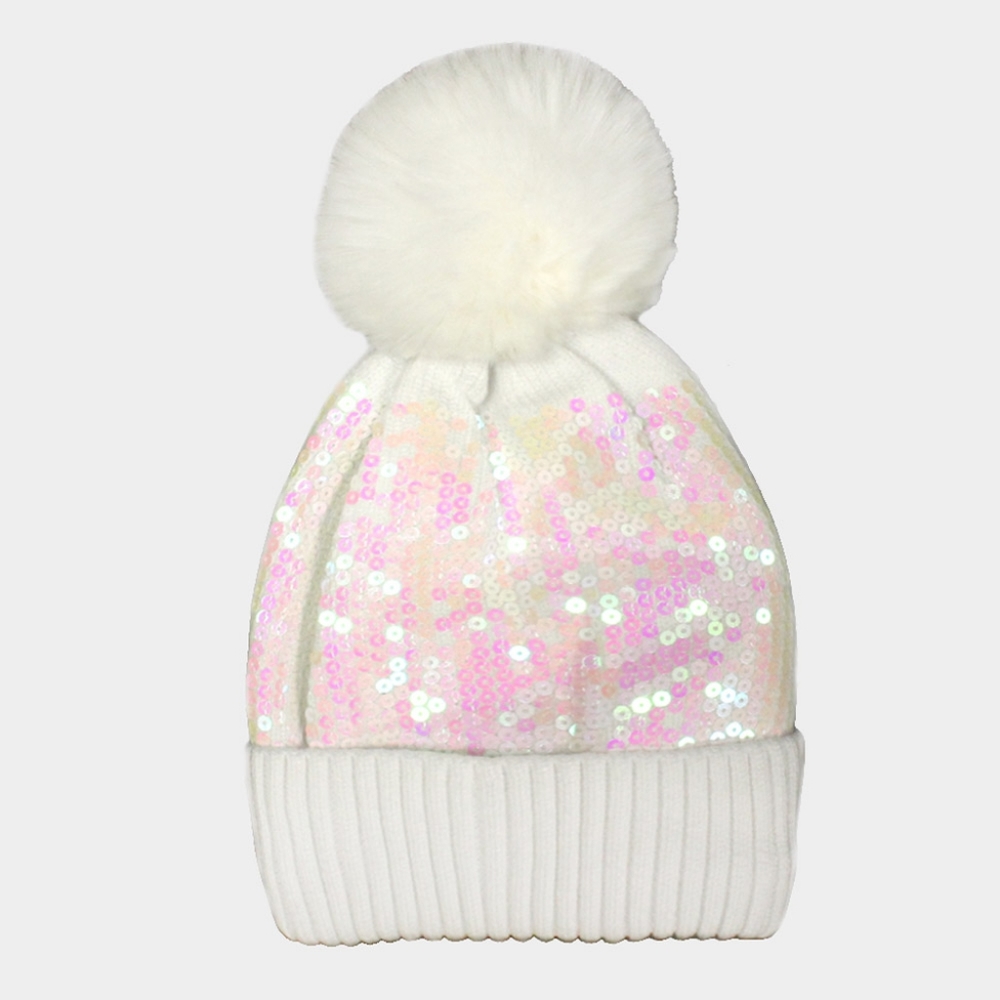 Abalone Metallic Sequin Fur Pom Style Winter Beanie Hat Trend Fashion Accessory